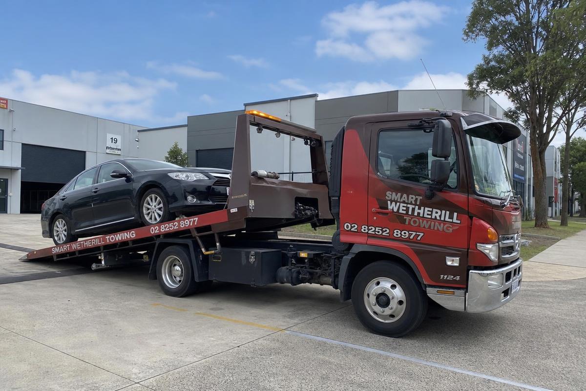 Car loaded on a Smart Wetherill Towing flatbed tow truck