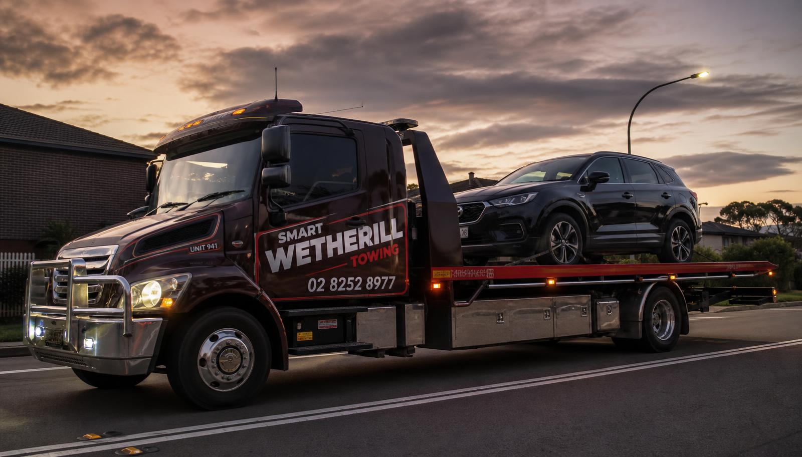 Smart Wetherill Towing tow truck carrying a car
